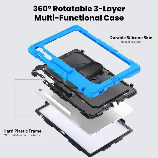 Alt view image 3 of 7 - Heavy Duty Shockproof Case with Screen Protector, 360° Rotating Stand, Hand & Shoulder Strap for Samsung Galaxy Tab S10 FE+ 13.1" 2025 (X620/X626B), Light Blue