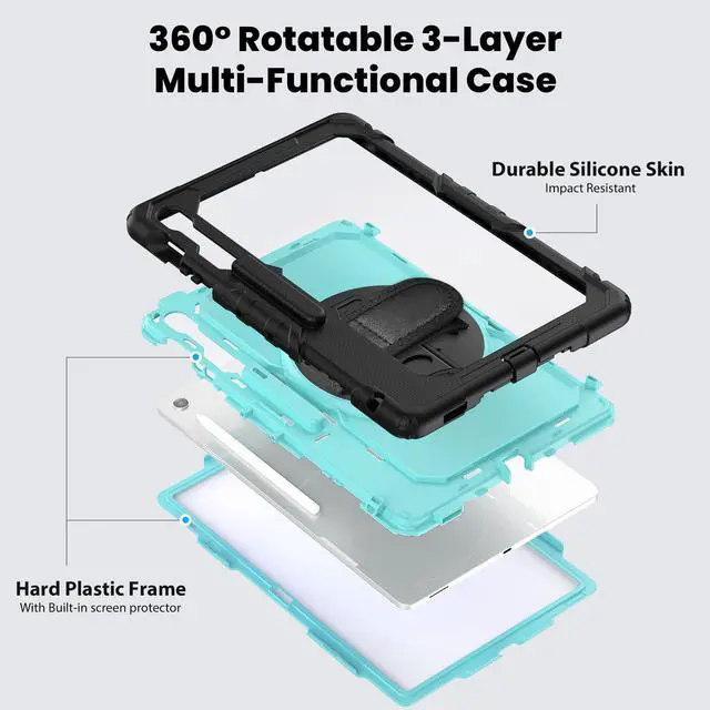 Alt view image 3 of 7 - Heavy Duty Shockproof Case with Screen Protector, 360° Rotating Stand, Hand & Shoulder Strap for Samsung Galaxy Tab S10 FE+ 13.1" 2025 (X620/X626B), Light bluePC