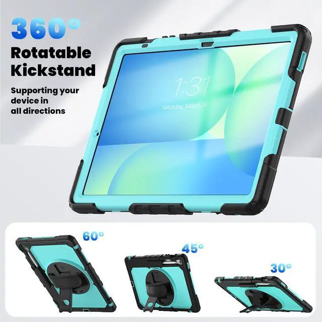 Alt view image 6 of 7 - Heavy Duty Shockproof Case with Screen Protector, 360° Rotating Stand, Hand & Shoulder Strap for Samsung Galaxy Tab S10 FE+ 13.1" 2025 (X620/X626B), Light bluePC