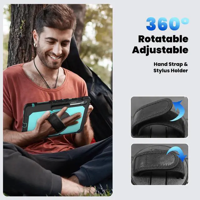 Alt view image 7 of 7 - Heavy Duty Shockproof Case with Screen Protector, 360° Rotating Stand, Hand & Shoulder Strap for Samsung Galaxy Tab S10 FE+ 13.1" 2025 (X620/X626B), Light bluePC