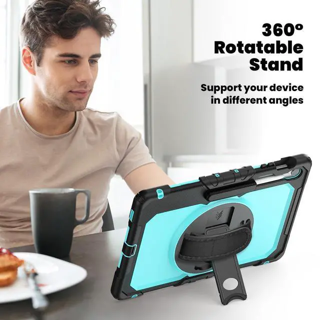 Alt view image 5 of 7 - Heavy Duty Shockproof Case with Screen Protector, 360° Rotating Stand, Hand & Shoulder Strap for Samsung Galaxy Tab S10 FE+ 13.1" 2025 (X620/X626B), Light bluePC