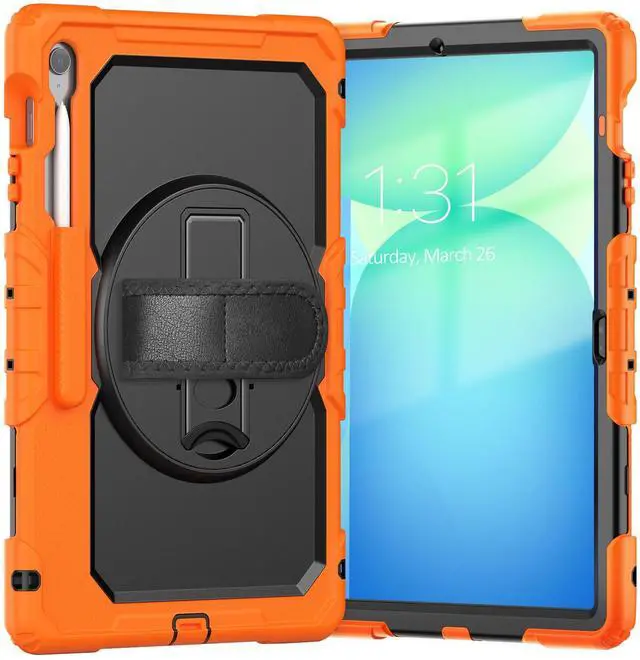 Main image of Heavy Duty Shockproof Case with Screen Protector, 360° Rotating Stand, Hand & Shoulder Strap for Samsung Galaxy Tab S10 FE+ 13.1" 2025 (X620/X626B), Orange