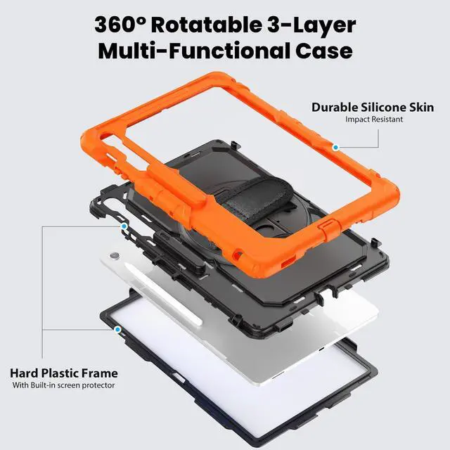 Alt view image 3 of 7 - Heavy Duty Shockproof Case with Screen Protector, 360° Rotating Stand, Hand & Shoulder Strap for Samsung Galaxy Tab S10 FE+ 13.1" 2025 (X620/X626B), Orange