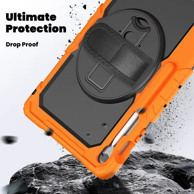 Alt view image 4 of 7 - Heavy Duty Shockproof Case with Screen Protector, 360° Rotating Stand, Hand & Shoulder Strap for Samsung Galaxy Tab S10 FE+ 13.1" 2025 (X620/X626B), Orange