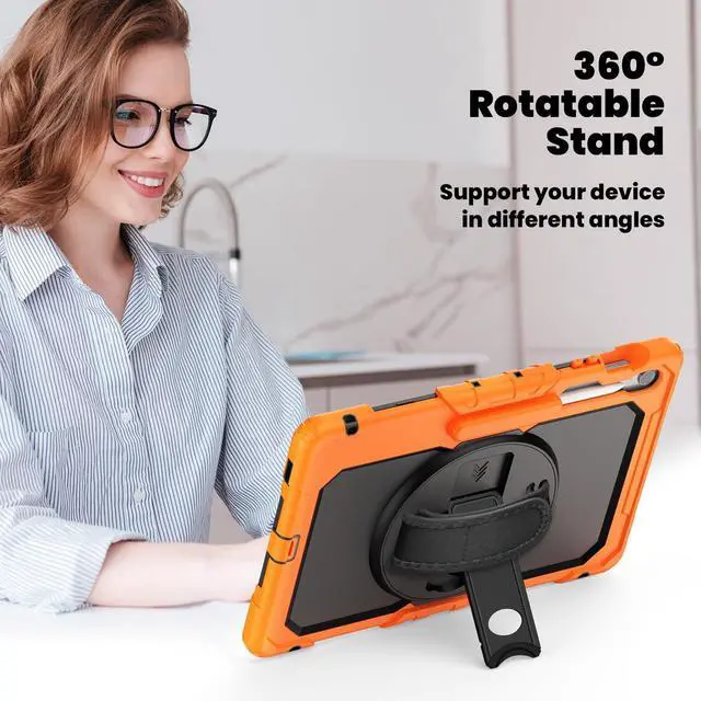 Alt view image 5 of 7 - Heavy Duty Shockproof Case with Screen Protector, 360° Rotating Stand, Hand & Shoulder Strap for Samsung Galaxy Tab S10 FE+ 13.1" 2025 (X620/X626B), Orange