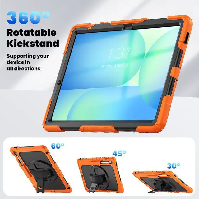 Alt view image 6 of 7 - Heavy Duty Shockproof Case with Screen Protector, 360° Rotating Stand, Hand & Shoulder Strap for Samsung Galaxy Tab S10 FE+ 13.1" 2025 (X620/X626B), Orange