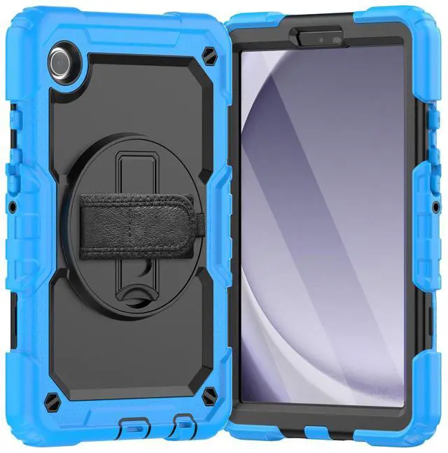 Main image of Heavy Duty Shockproof Protective Case with Screen Protector, 360° Rotating Stand, Hand & Shoulder Strap for Samsung Galaxy Tab A9 8.7-inch (SM-X110/X115/X117), Light Blue