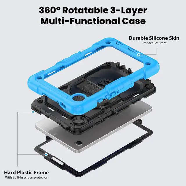 Alt view image 3 of 7 - Heavy Duty Shockproof Protective Case with Screen Protector, 360° Rotating Stand, Hand & Shoulder Strap for Samsung Galaxy Tab A9 8.7-inch (SM-X110/X115/X117), Light Blue