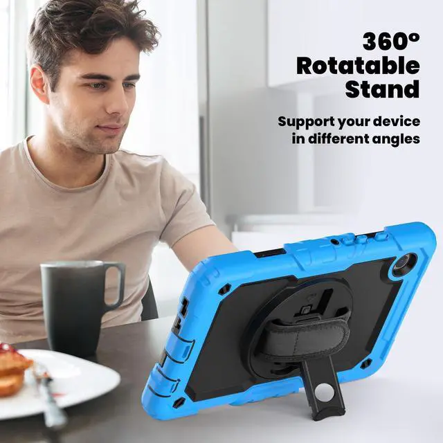 Alt view image 5 of 7 - Heavy Duty Shockproof Protective Case with Screen Protector, 360° Rotating Stand, Hand & Shoulder Strap for Samsung Galaxy Tab A9 8.7-inch (SM-X110/X115/X117), Light Blue