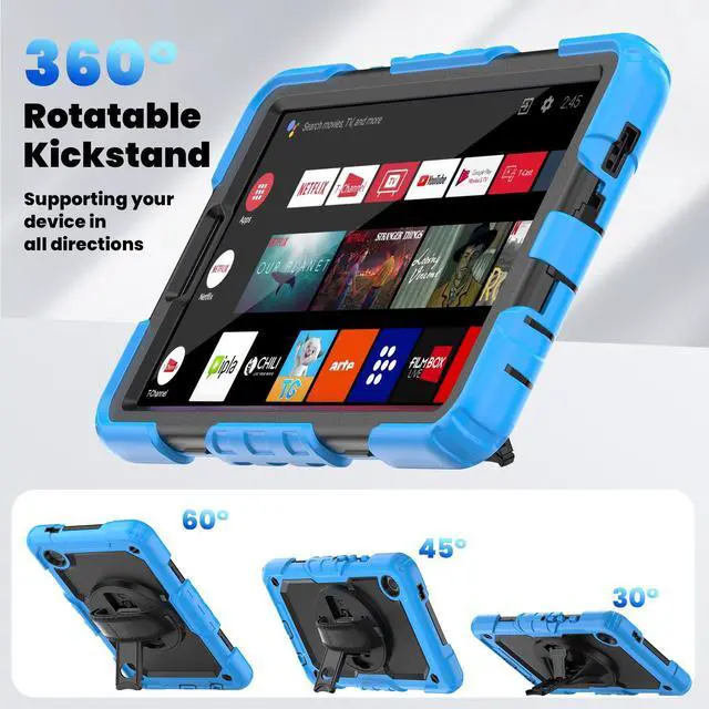 Alt view image 6 of 7 - Heavy Duty Shockproof Protective Case with Screen Protector, 360° Rotating Stand, Hand & Shoulder Strap for Samsung Galaxy Tab A9 8.7-inch (SM-X110/X115/X117), Light Blue