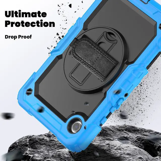 Alt view image 4 of 7 - Heavy Duty Shockproof Protective Case with Screen Protector, 360° Rotating Stand, Hand & Shoulder Strap for Samsung Galaxy Tab A9 8.7-inch (SM-X110/X115/X117), Light Blue
