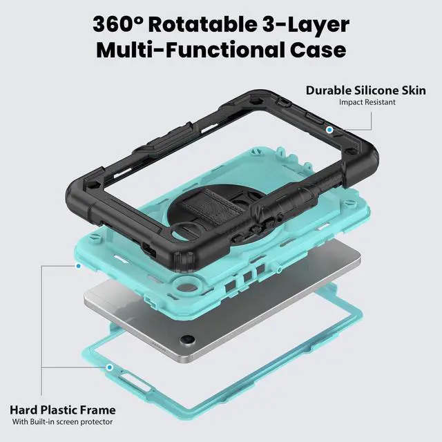 Alt view image 3 of 7 - Heavy Duty Shockproof Protective Case with Screen Protector, 360° Rotating Stand, Hand & Shoulder Strap for Samsung Galaxy Tab A9 8.7-inch (SM-X110/X115/X117), Light bluePC