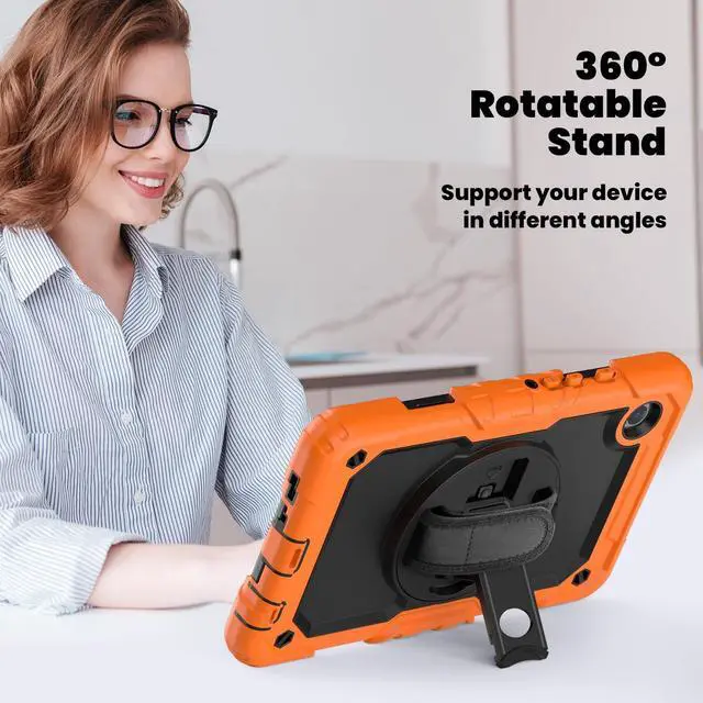 Alt view image 5 of 7 - Heavy Duty Shockproof Protective Case with Screen Protector, 360° Rotating Stand, Hand & Shoulder Strap for Samsung Galaxy Tab A9 8.7-inch (SM-X110/X115/X117), Orange