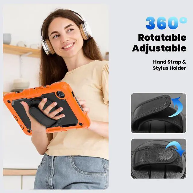 Alt view image 7 of 7 - Heavy Duty Shockproof Protective Case with Screen Protector, 360° Rotating Stand, Hand & Shoulder Strap for Samsung Galaxy Tab A9 8.7-inch (SM-X110/X115/X117), Orange