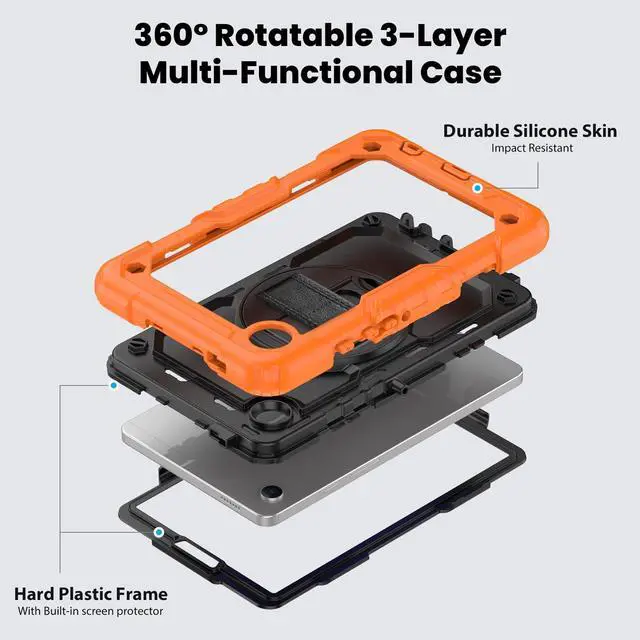 Alt view image 3 of 7 - Heavy Duty Shockproof Protective Case with Screen Protector, 360° Rotating Stand, Hand & Shoulder Strap for Samsung Galaxy Tab A9 8.7-inch (SM-X110/X115/X117), Orange