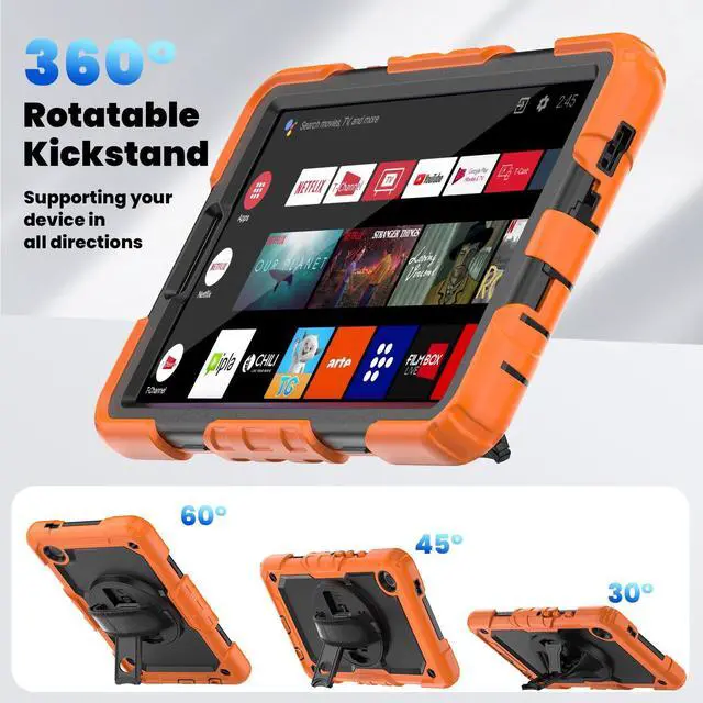 Alt view image 6 of 7 - Heavy Duty Shockproof Protective Case with Screen Protector, 360° Rotating Stand, Hand & Shoulder Strap for Samsung Galaxy Tab A9 8.7-inch (SM-X110/X115/X117), Orange