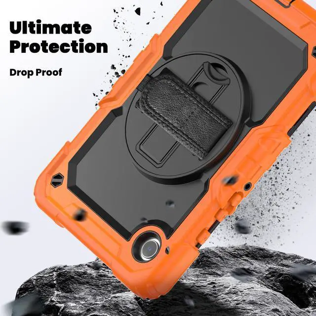 Alt view image 4 of 7 - Heavy Duty Shockproof Protective Case with Screen Protector, 360° Rotating Stand, Hand & Shoulder Strap for Samsung Galaxy Tab A9 8.7-inch (SM-X110/X115/X117), Orange