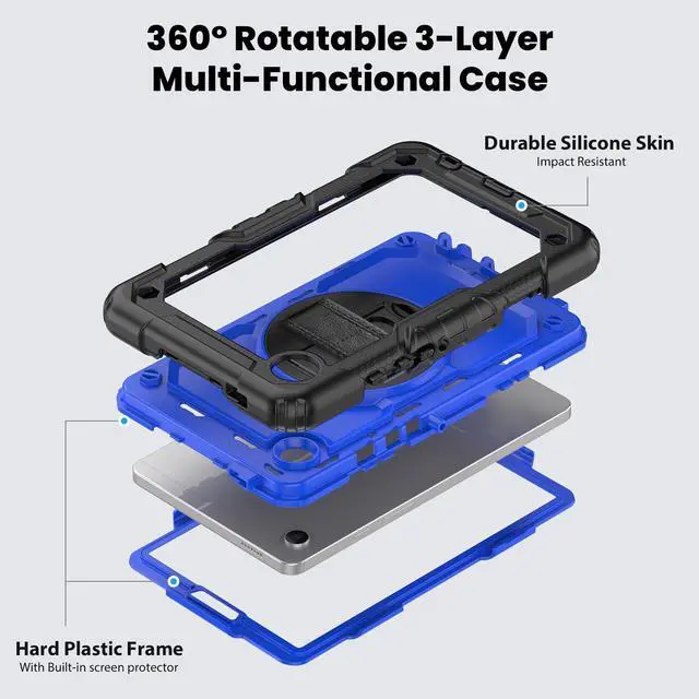 Alt view image 3 of 7 - Heavy Duty Shockproof Protective Case with Screen Protector, 360° Rotating Stand, Hand & Shoulder Strap for Samsung Galaxy Tab A9 8.7-inch (SM-X110/X115/X117),BluePC