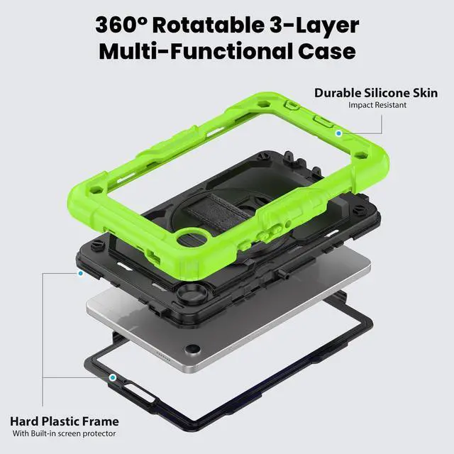 Alt view image 3 of 7 - Heavy Duty Shockproof Protective Case with Screen Protector, 360° Rotating Stand, Hand & Shoulder Strap for Samsung Galaxy Tab A9 8.7-inch (SM-X110/X115/X117),Green