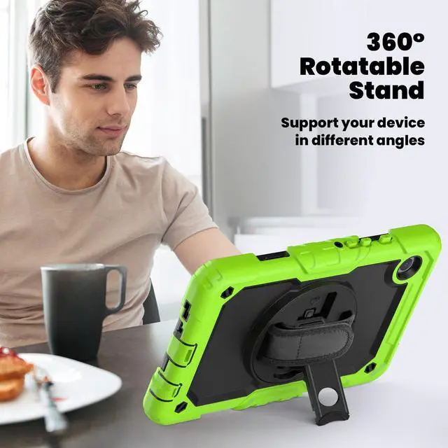 Alt view image 5 of 7 - Heavy Duty Shockproof Protective Case with Screen Protector, 360° Rotating Stand, Hand & Shoulder Strap for Samsung Galaxy Tab A9 8.7-inch (SM-X110/X115/X117),Green