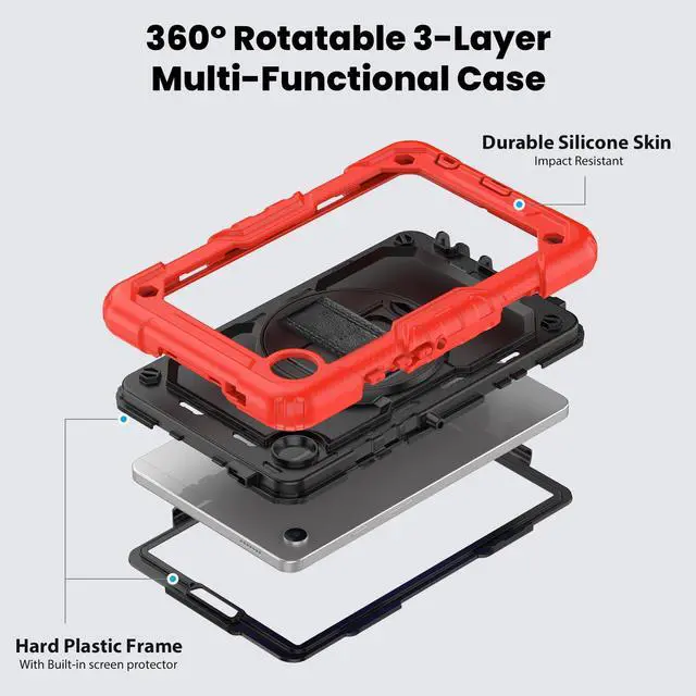Alt view image 3 of 7 - Heavy Duty Shockproof Protective Case with Screen Protector, 360° Rotating Stand, Hand & Shoulder Strap for Samsung Galaxy Tab A9 8.7-inch (SM-X110/X115/X117),Red