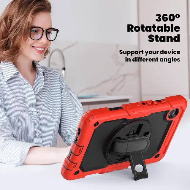 Alt view image 5 of 7 - Heavy Duty Shockproof Protective Case with Screen Protector, 360° Rotating Stand, Hand & Shoulder Strap for Samsung Galaxy Tab A9 8.7-inch (SM-X110/X115/X117),Red