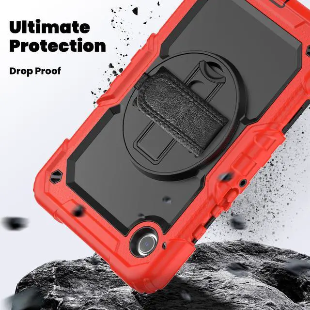 Alt view image 4 of 7 - Heavy Duty Shockproof Protective Case with Screen Protector, 360° Rotating Stand, Hand & Shoulder Strap for Samsung Galaxy Tab A9 8.7-inch (SM-X110/X115/X117),Red