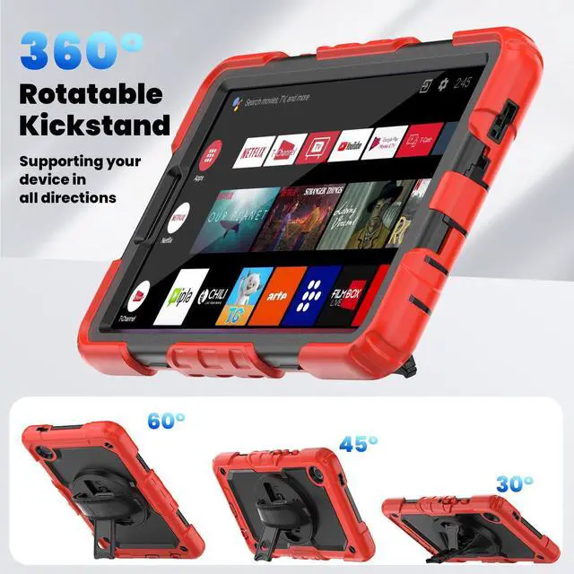 Alt view image 6 of 7 - Heavy Duty Shockproof Protective Case with Screen Protector, 360° Rotating Stand, Hand & Shoulder Strap for Samsung Galaxy Tab A9 8.7-inch (SM-X110/X115/X117),Red