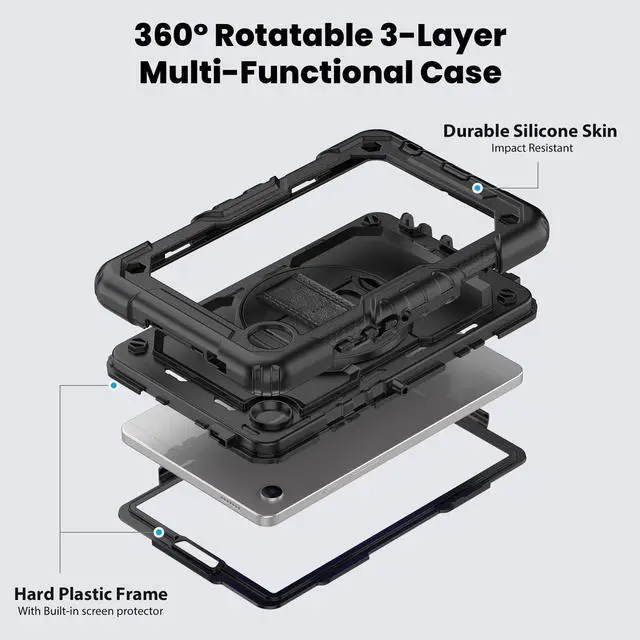 Alt view image 3 of 7 - Heavy Duty Shockproof Protective Case with Screen Protector, 360° Rotating Stand, Hand & Shoulder Strap for Samsung Galaxy Tab A9 8.7-inch (SM-X110/X115/X117),Black