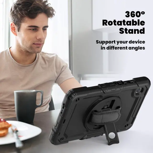 Alt view image 5 of 7 - Heavy Duty Shockproof Protective Case with Screen Protector, 360° Rotating Stand, Hand & Shoulder Strap for Samsung Galaxy Tab A9 8.7-inch (SM-X110/X115/X117),Black