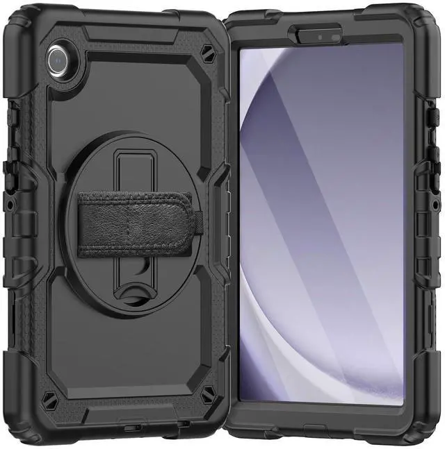 Main image of Heavy Duty Shockproof Protective Case with Screen Protector, 360° Rotating Stand, Hand & Shoulder Strap for Samsung Galaxy Tab A9 8.7-inch (SM-X110/X115/X117),Black
