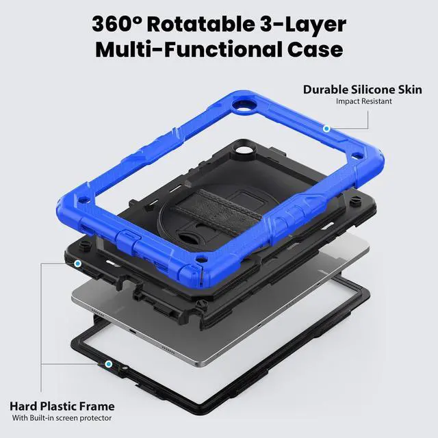 Alt view image 3 of 7 - Heavy Duty Shockproof Protective Case with Screen Protector, 360° Rotating Stand, Hand & Shoulder Strap for Samsung Galaxy Tab A9+ Plus 11-inch (SM-X210/X216/X218), Blue