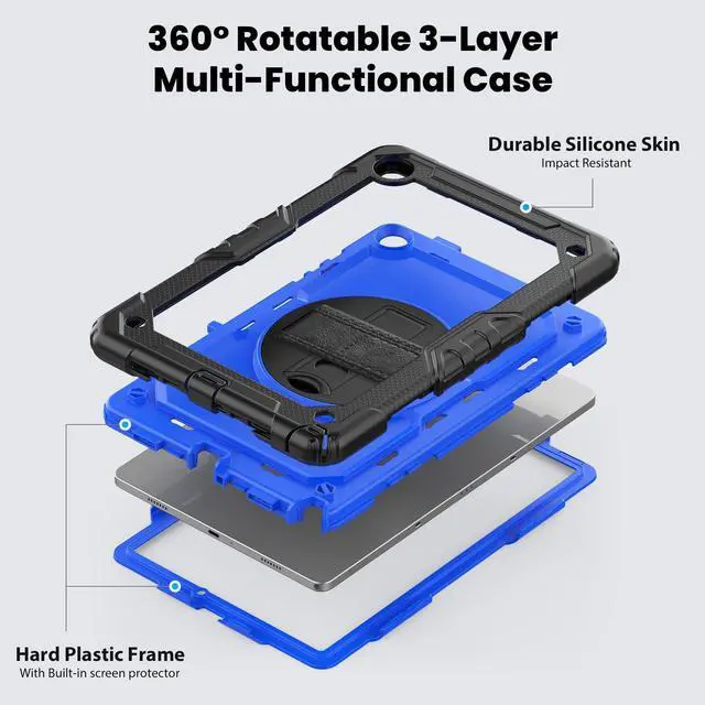 Alt view image 3 of 7 - Heavy Duty Shockproof Protective Case with Screen Protector, 360° Rotating Stand, Hand & Shoulder Strap for Samsung Galaxy Tab A9+ Plus 11-inch (SM-X210/X216/X218), BluePC