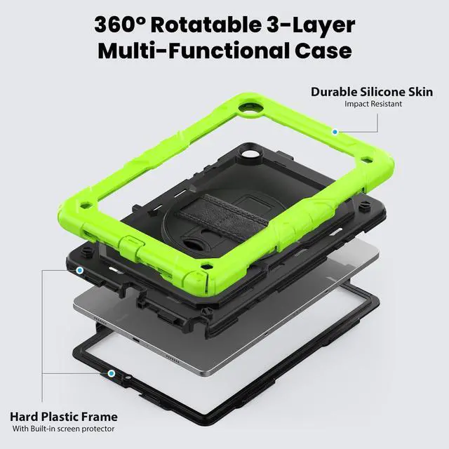 Alt view image 3 of 7 - Heavy Duty Shockproof Protective Case with Screen Protector, 360° Rotating Stand, Hand & Shoulder Strap for Samsung Galaxy Tab A9+ Plus 11-inch (SM-X210/X216/X218), Green