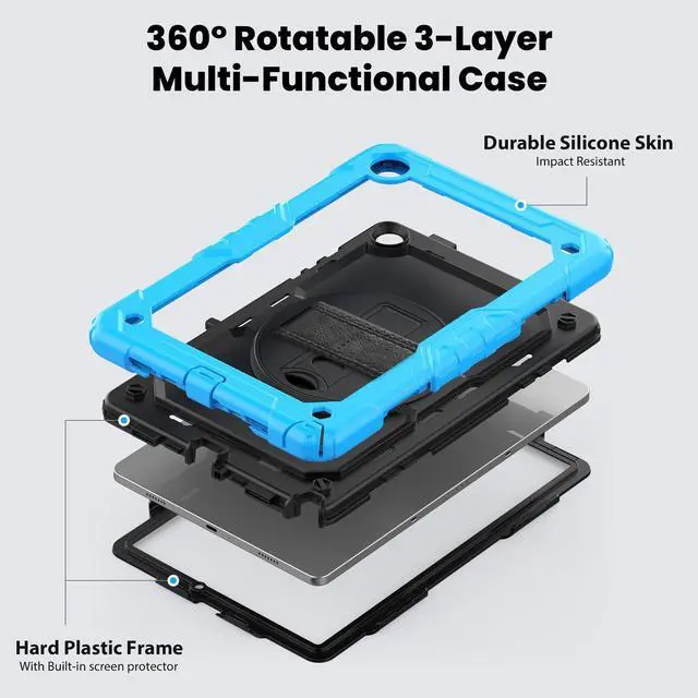 Alt view image 3 of 7 - Heavy Duty Shockproof Protective Case with Screen Protector, 360° Rotating Stand, Hand & Shoulder Strap for Samsung Galaxy Tab A9+ Plus 11-inch (SM-X210/X216/X218),Light Blue
