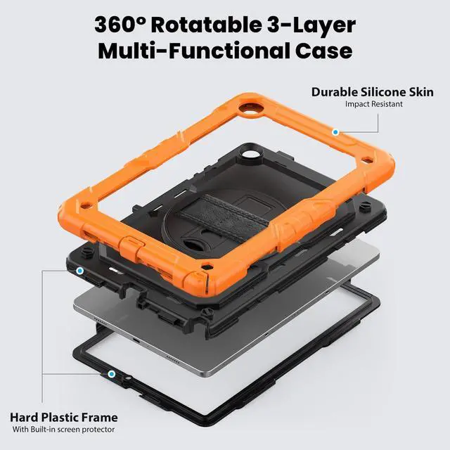 Alt view image 3 of 7 - Heavy Duty Shockproof Protective Case with Screen Protector, 360° Rotating Stand, Hand & Shoulder Strap for Samsung Galaxy Tab A9+ Plus 11-inch (SM-X210/X216/X218),Orange
