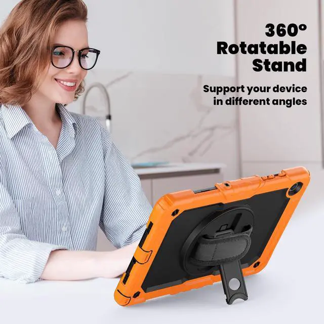 Alt view image 5 of 7 - Heavy Duty Shockproof Protective Case with Screen Protector, 360° Rotating Stand, Hand & Shoulder Strap for Samsung Galaxy Tab A9+ Plus 11-inch (SM-X210/X216/X218),Orange