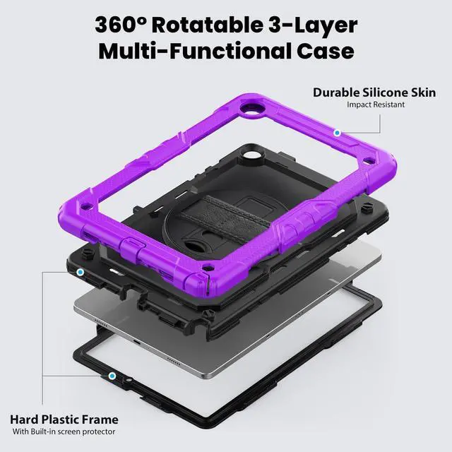 Alt view image 3 of 7 - Heavy Duty Shockproof Protective Case with Screen Protector, 360° Rotating Stand, Hand & Shoulder Strap for Samsung Galaxy Tab A9+ Plus 11-inch (SM-X210/X216/X218),Purple