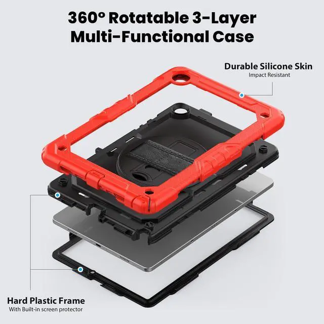 Alt view image 3 of 7 - Heavy Duty Shockproof Protective Case with Screen Protector, 360° Rotating Stand, Hand & Shoulder Strap for Samsung Galaxy Tab A9+ Plus 11-inch (SM-X210/X216/X218),Red