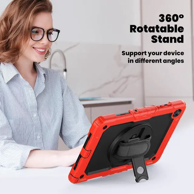 Alt view image 5 of 7 - Heavy Duty Shockproof Protective Case with Screen Protector, 360° Rotating Stand, Hand & Shoulder Strap for Samsung Galaxy Tab A9+ Plus 11-inch (SM-X210/X216/X218),Red