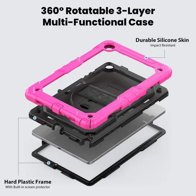 Alt view image 3 of 6 - Heavy Duty Shockproof Protective Case with Screen Protector, 360° Rotating Stand, Hand & Shoulder Strap for Samsung Galaxy Tab A9+ Plus 11-inch (SM-X210/X216/X218),Rose