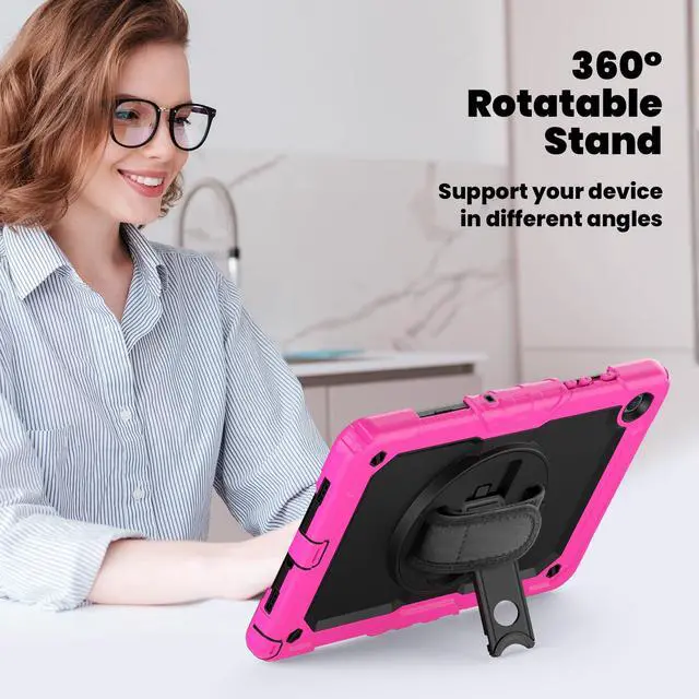 Alt view image 5 of 6 - Heavy Duty Shockproof Protective Case with Screen Protector, 360° Rotating Stand, Hand & Shoulder Strap for Samsung Galaxy Tab A9+ Plus 11-inch (SM-X210/X216/X218),Rose