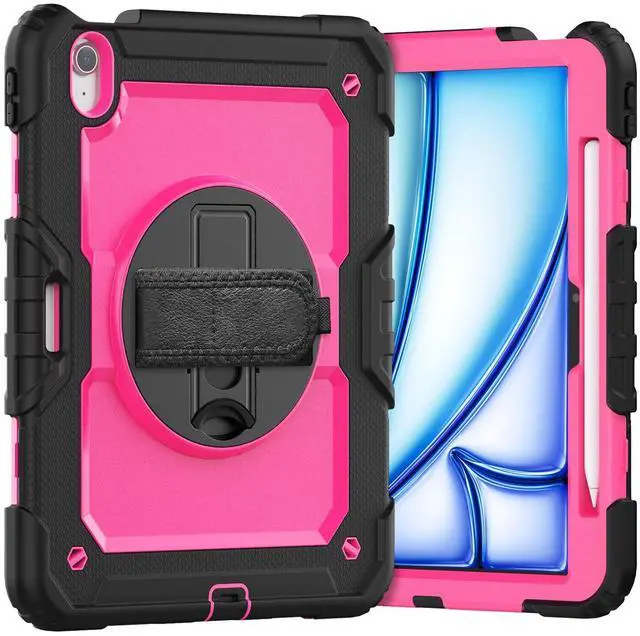 Main image of Heavy Duty Shockproof Protective Case with Screen Protector, 360° Rotating Stand, Hand & Shoulder Strap for iPad Air 11-inch M3 (2025) / M2 (2024), iPad Air 5th / 4th Gen 10.9 Inch, RosePC