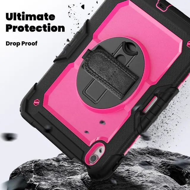 Alt view image 4 of 7 - Heavy Duty Shockproof Protective Case with Screen Protector, 360° Rotating Stand, Hand & Shoulder Strap for iPad Air 11-inch M3 (2025) / M2 (2024), iPad Air 5th / 4th Gen 10.9 Inch, RosePC