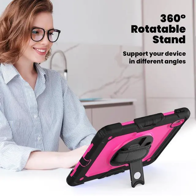 Alt view image 5 of 7 - Heavy Duty Shockproof Protective Case with Screen Protector, 360° Rotating Stand, Hand & Shoulder Strap for iPad Air 11-inch M3 (2025) / M2 (2024), iPad Air 5th / 4th Gen 10.9 Inch, RosePC