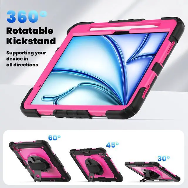 Alt view image 6 of 7 - Heavy Duty Shockproof Protective Case with Screen Protector, 360° Rotating Stand, Hand & Shoulder Strap for iPad Air 11-inch M3 (2025) / M2 (2024), iPad Air 5th / 4th Gen 10.9 Inch, RosePC