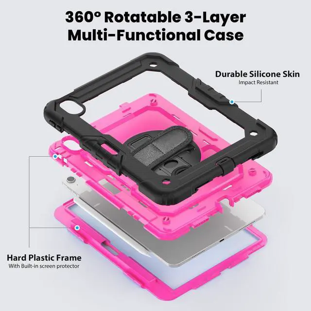 Alt view image 3 of 7 - Heavy Duty Shockproof Protective Case with Screen Protector, 360° Rotating Stand, Hand & Shoulder Strap for iPad Air 11-inch M3 (2025) / M2 (2024), iPad Air 5th / 4th Gen 10.9 Inch, RosePC