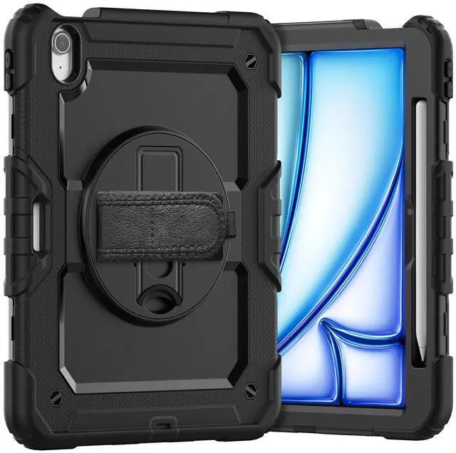 Main image of Heavy Duty Shockproof Protective Case with Screen Protector, 360° Rotating Stand, Hand & Shoulder Strap for iPad Air 11-inch M3 (2025) / M2 (2024), iPad Air 5th / 4th Gen 10.9 Inch,Black