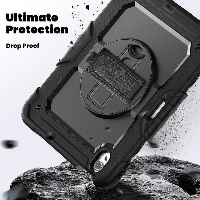 Alt view image 4 of 7 - Heavy Duty Shockproof Protective Case with Screen Protector, 360° Rotating Stand, Hand & Shoulder Strap for iPad Air 11-inch M3 (2025) / M2 (2024), iPad Air 5th / 4th Gen 10.9 Inch,Black