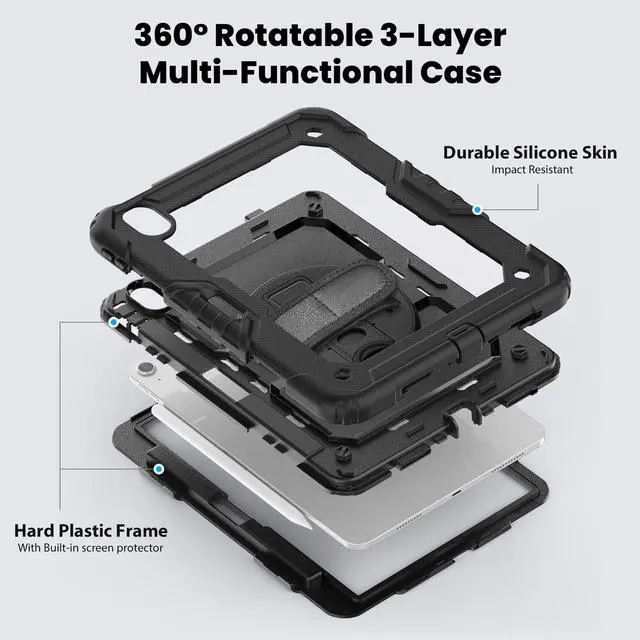 Alt view image 3 of 7 - Heavy Duty Shockproof Protective Case with Screen Protector, 360° Rotating Stand, Hand & Shoulder Strap for iPad Air 11-inch M3 (2025) / M2 (2024), iPad Air 5th / 4th Gen 10.9 Inch,Black
